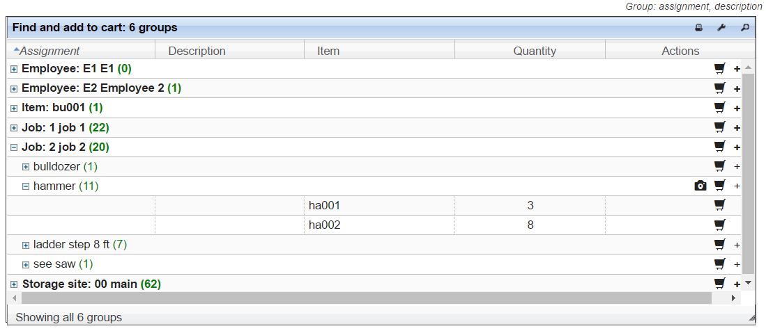 Find and add to cart grouped by assignment