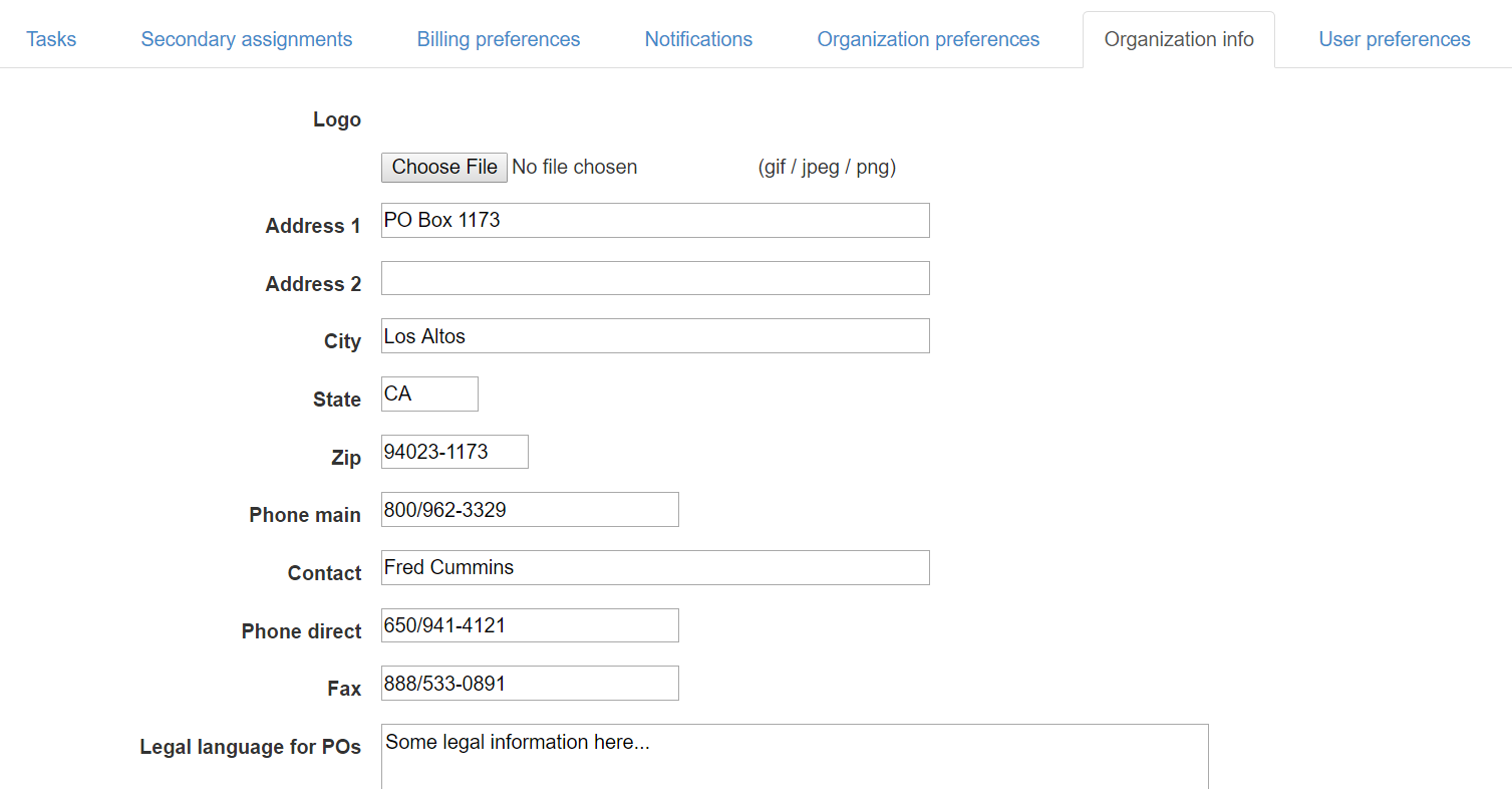 Organization info